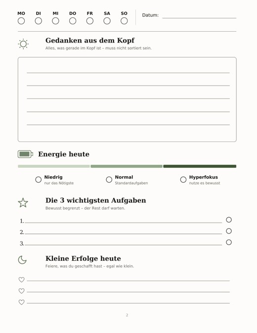 Beispiel-Tagesseite aus dem ADHS-Tagesplaner